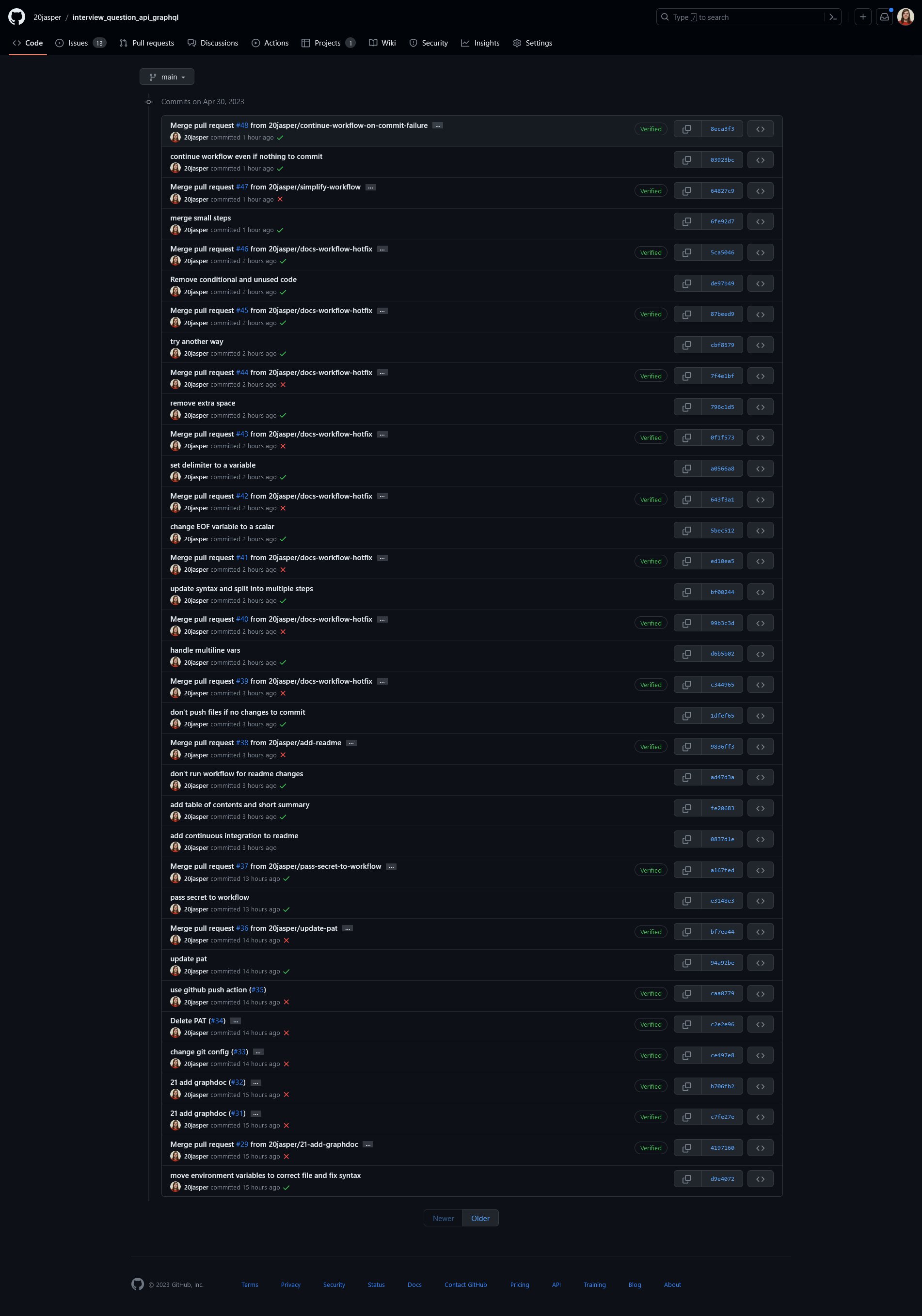 A screenshot of dozens of commits to test a GitHub Action